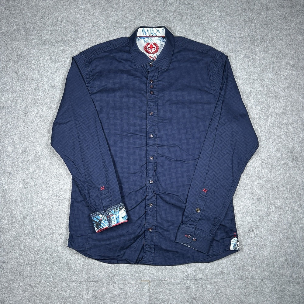 AU NOIR Button Down Shirt Men's Size 4 Large Blue Print‎ Flip Cuff Cotton Preppy